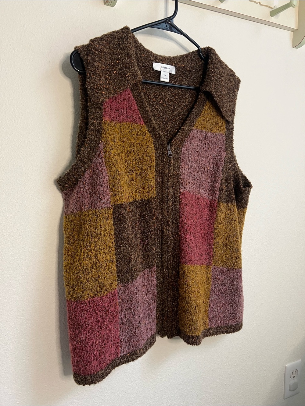 CJ Banks Patchwork V-Neck Zip Fall Sweater Vest